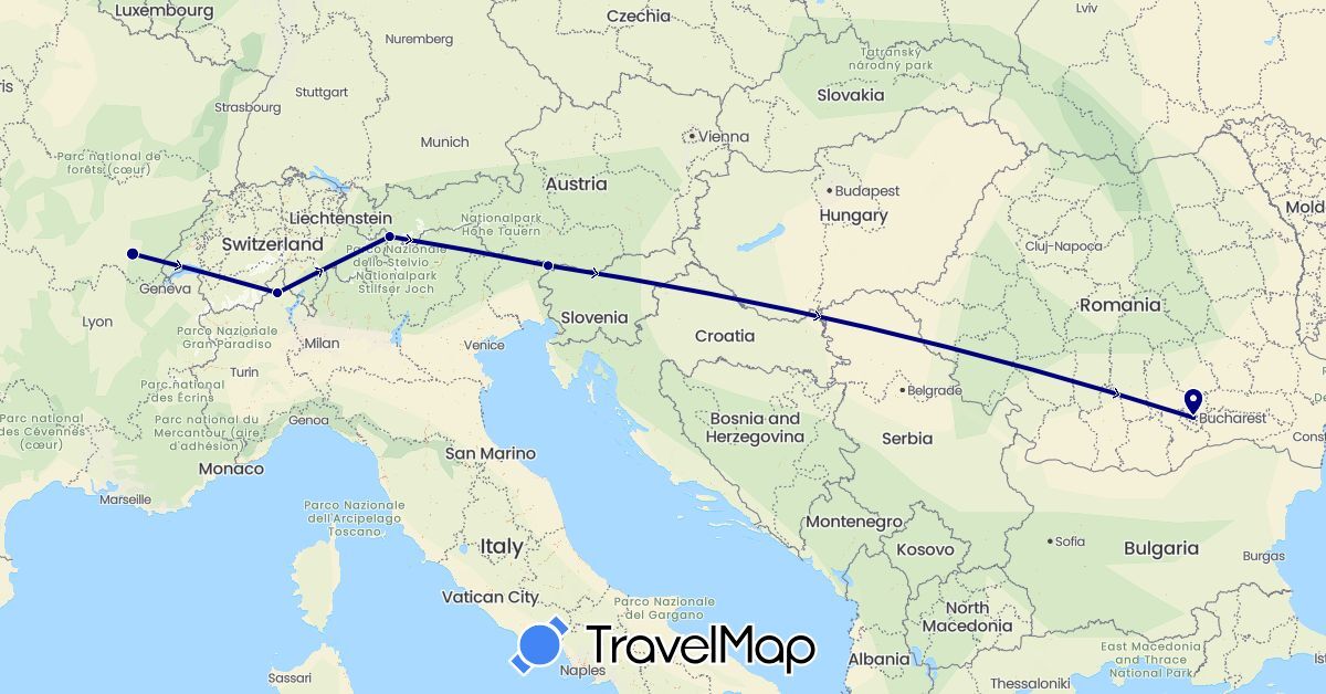 TravelMap itinerary: driving in Austria, France, Italy, Romania (Europe)